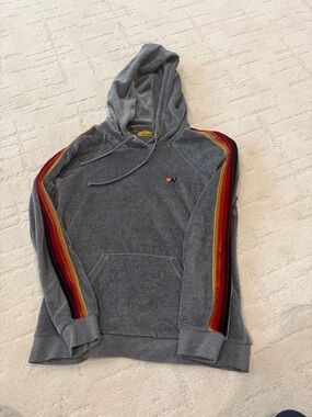 Aviator Nation Gray Velour Pullover Hoodie with Red-Yellow Stripe Sleeves
